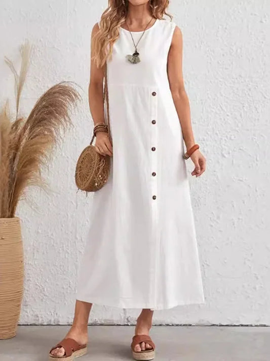 Lockeres Midi-Kleid ohne Ärmel, asymmetrisch, mit Knöpfen, vorne geschlitzt, in der Taille geschlitzt und mit rundem Ausschnitt