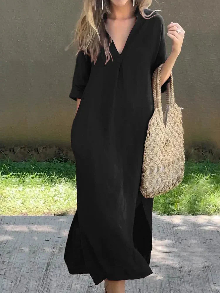 Stella - Schlichtes Leinenkleid mit V-Ausschnitt und Tasche