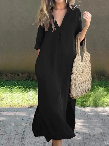 Stella - Schlichtes Leinenkleid mit V-Ausschnitt und Tasche