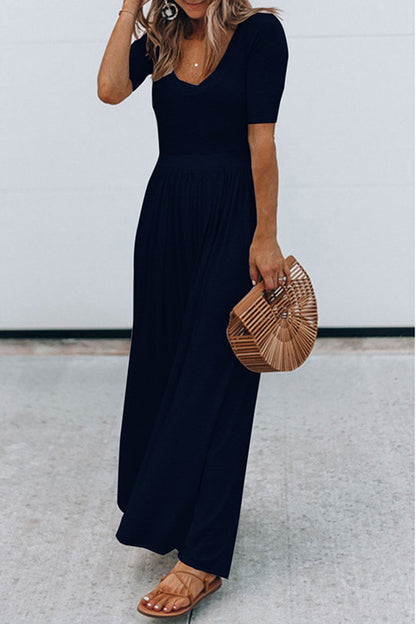 Rundhalsausschnitt Jumpsuit mit kurzen Ärmeln und langer Taille