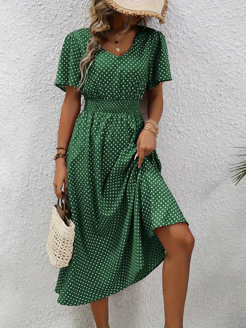 Kleid mit durchgehendem Aufdruck und abgerundeter Taille, lässiges Kleid mit kurzen Ärmeln