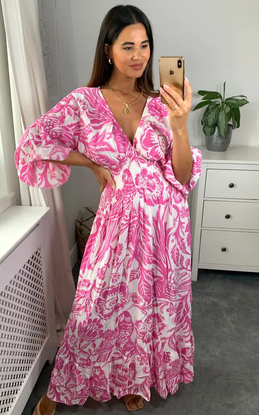 Langes Kleid mit V-Ausschnitt und Blumenprint in Blau und Weiß