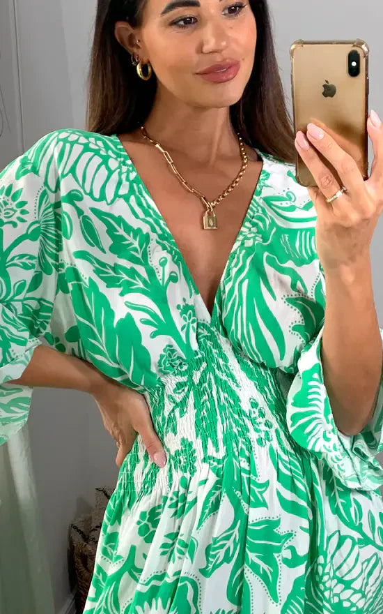 Langes Kleid mit V-Ausschnitt und Blumenprint in Blau und Weiß