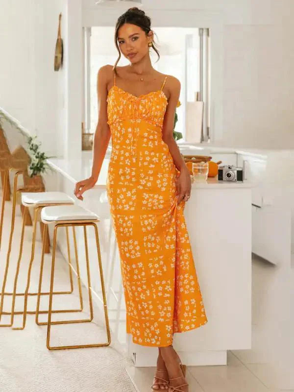 Frankie - Neues bedrucktes Maxikleid mit V-Ausschnitt und Neckholder für Frühling und Sommer