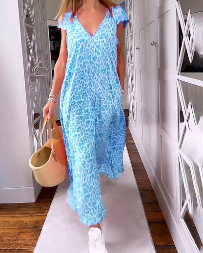 Buntes Sommerkleid mit V-Ausschnitt und kurzen Ärmeln