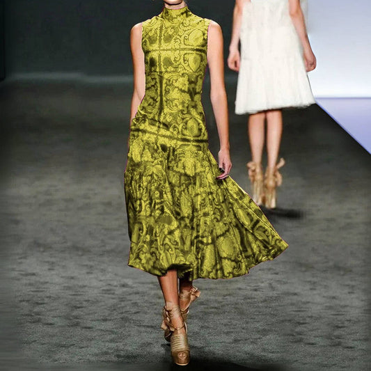 Chanea - Goldenes ärmelloses Midikleid mit tiefem Ausschnitt