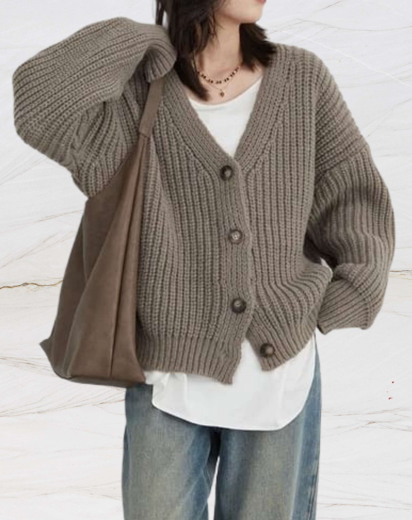 Heart - Oversize Strickpullover mit V-Ausschnitt und Knopfverschluss für den Winter für Frauen