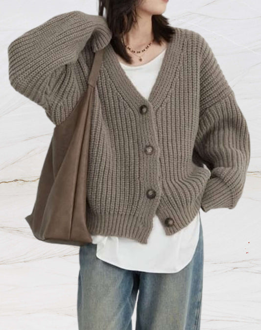 Heart - Oversize Strickpullover mit V-Ausschnitt und Knopfverschluss für den Winter für Frauen