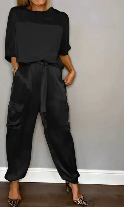 Zweiteiliges Set mit einfarbigem Satin-Oberteil und Hose für Damen