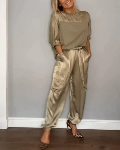 Zweiteiliges Set mit einfarbigem Satin-Oberteil und Hose für Damen