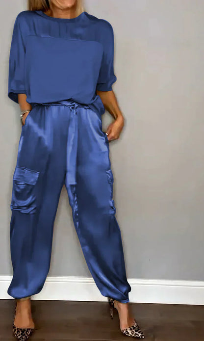 Zweiteiliges Set mit einfarbigem Satin-Oberteil und Hose für Damen