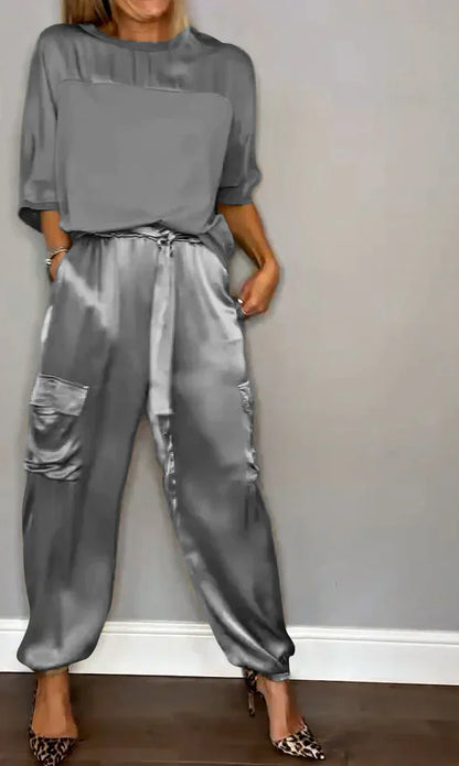 Zweiteiliges Set mit einfarbigem Satin-Oberteil und Hose für Damen