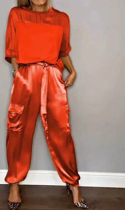Zweiteiliges Set mit einfarbigem Satin-Oberteil und Hose für Damen