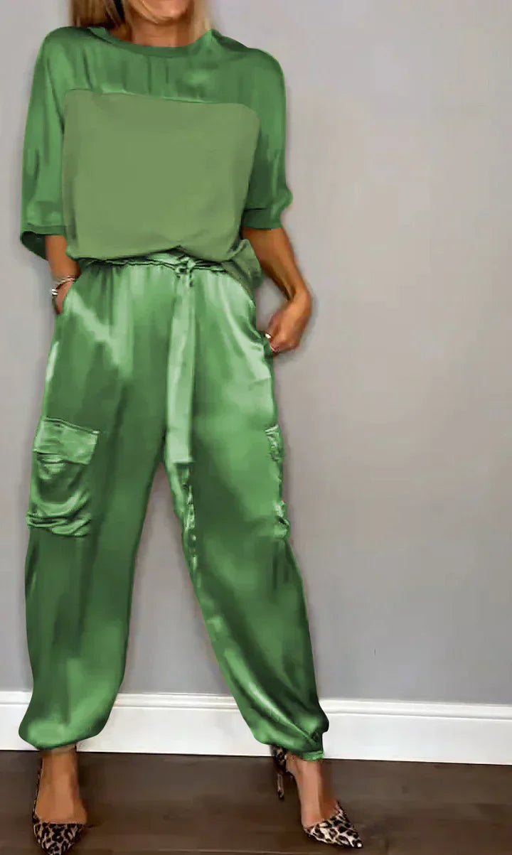 Zweiteiliges Set mit einfarbigem Satin-Oberteil und Hose für Damen