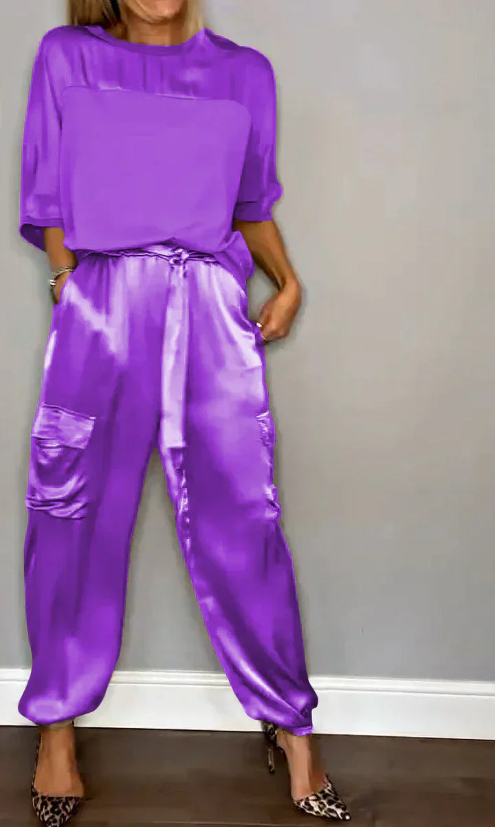 Zweiteiliges Set mit einfarbigem Satin-Oberteil und Hose für Damen