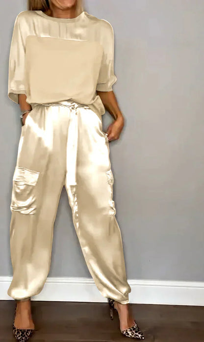 Zweiteiliges Set mit einfarbigem Satin-Oberteil und Hose für Damen