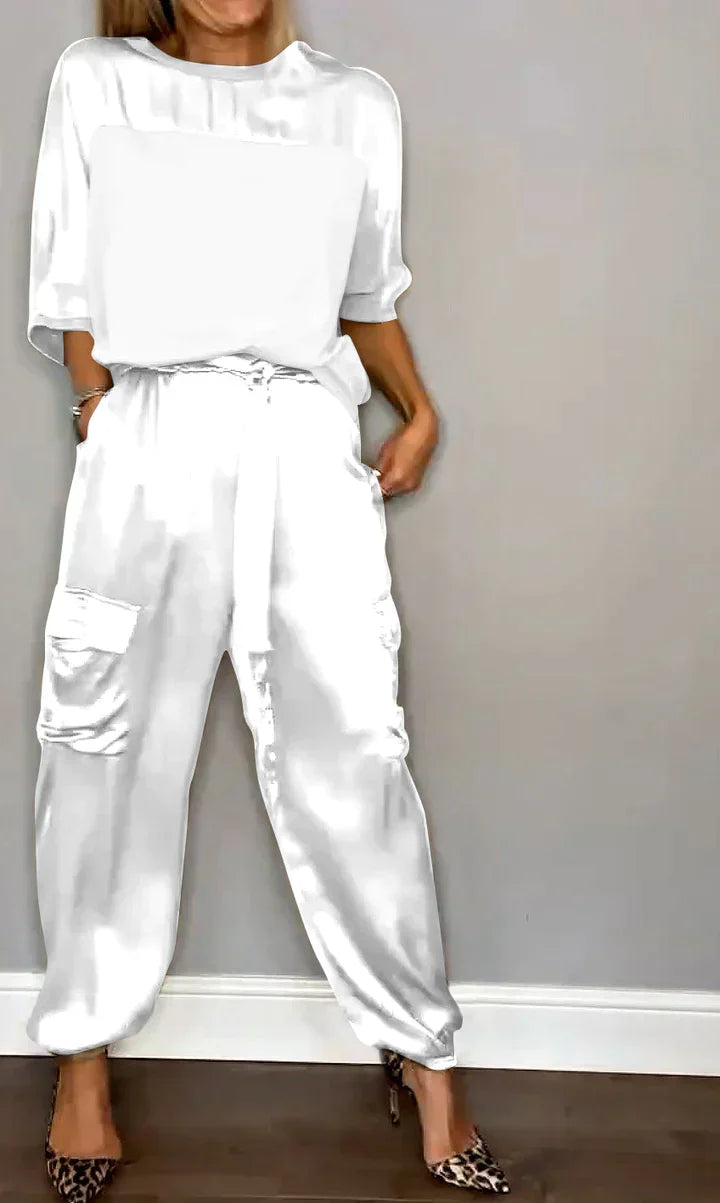 Zweiteiliges Set mit einfarbigem Satin-Oberteil und Hose für Damen