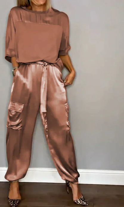 Zweiteiliges Set mit einfarbigem Satin-Oberteil und Hose für Damen