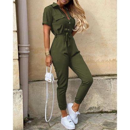 Eleganter Sommer-Overall | Reverskragen, Knöpfe, mit Gürtel