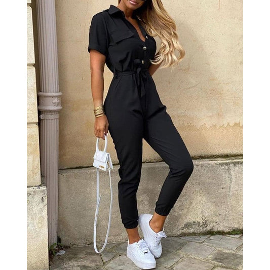 Eleganter Sommer-Overall | Reverskragen, Knöpfe, mit Gürtel