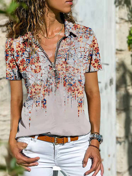 Bohemian West Ethnic Zip Top Kurzarm-Shirt