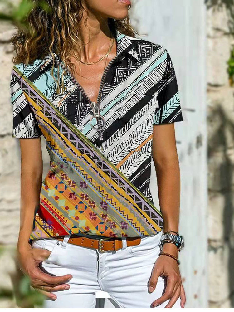 Bohemian West Ethnic Zip Top Kurzarm-Shirt