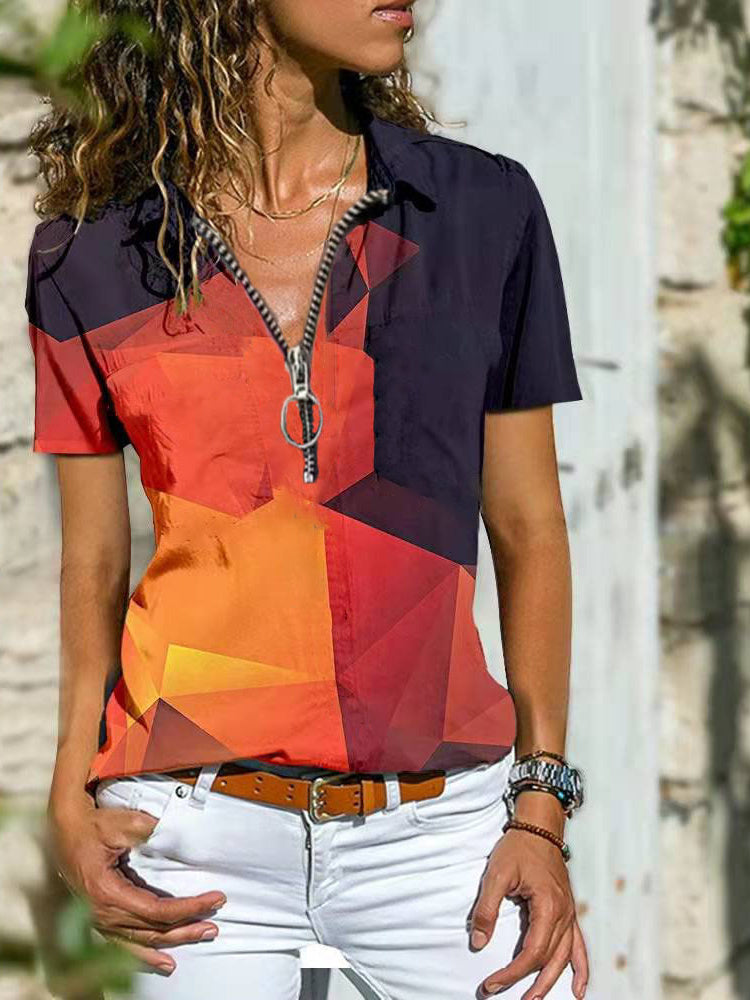 Bohemian West Ethnic Zip Top Kurzarm-Shirt
