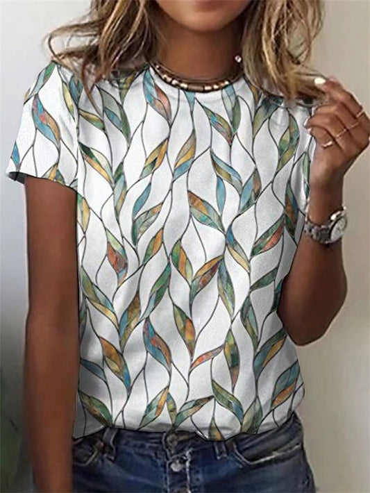 T-Shirt mit Blattprint, geraden kurzen Ärmeln und rundem Ausschnitt in Übergröße