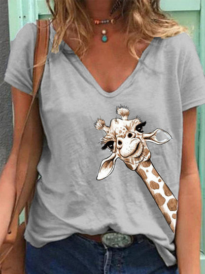 T-Shirt mit kurzen Ärmeln und V-Ausschnitt mit Tierprint