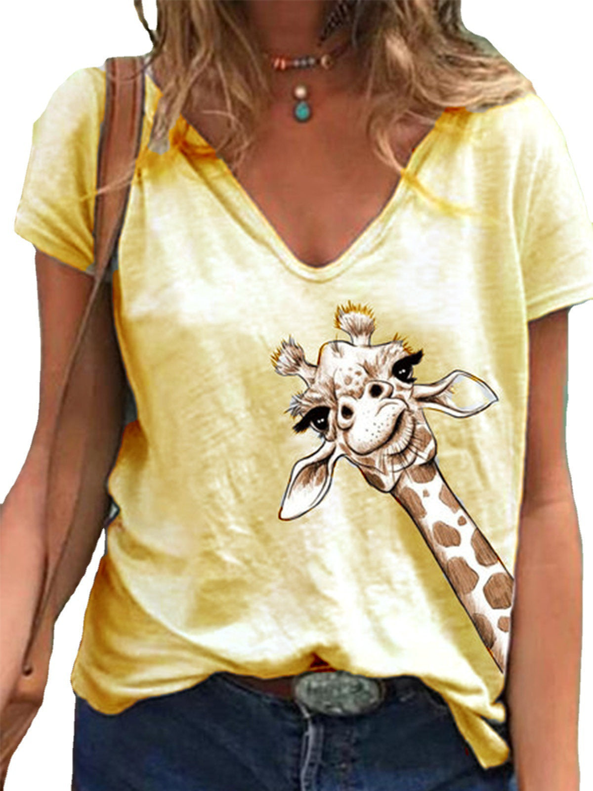 T-Shirt mit kurzen Ärmeln und V-Ausschnitt mit Tierprint