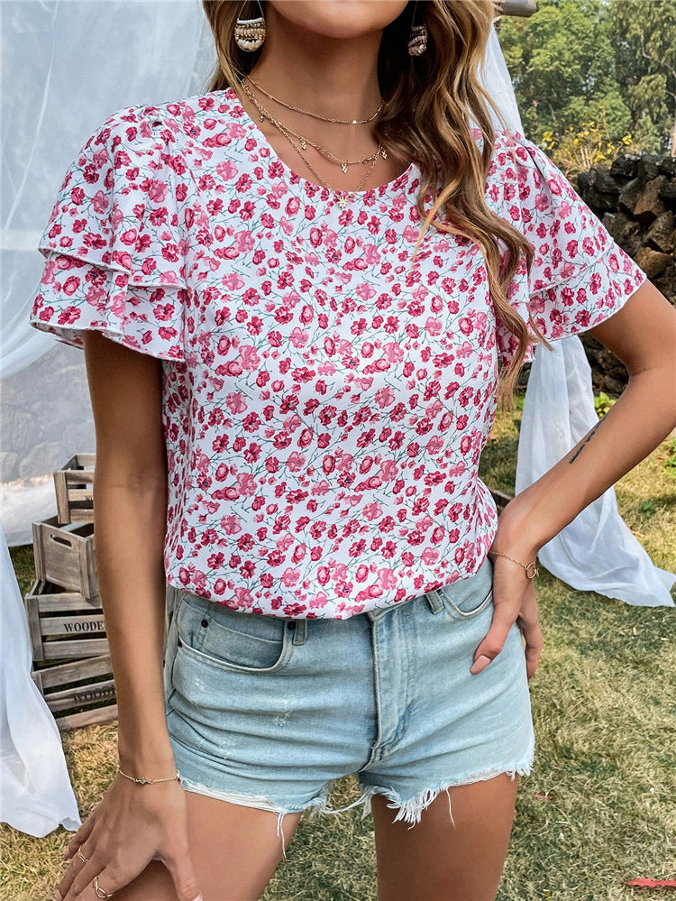 Chiffon Winterhemd mit Rundhalsausschnitt - Damenoberteil mit flatternden Ärmeln