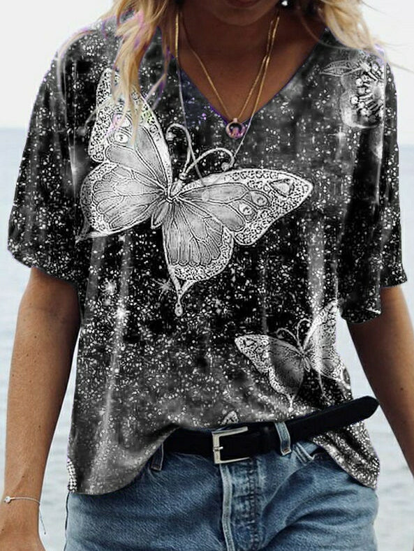T-Shirt mit Schmetterlingsprint und mittellangen Ärmeln