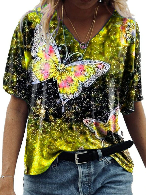 T-Shirt mit Schmetterlingsprint und mittellangen Ärmeln
