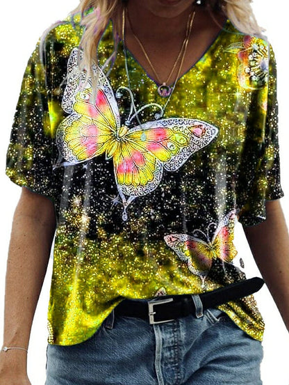 T-Shirt mit Schmetterlingsprint und mittellangen Ärmeln