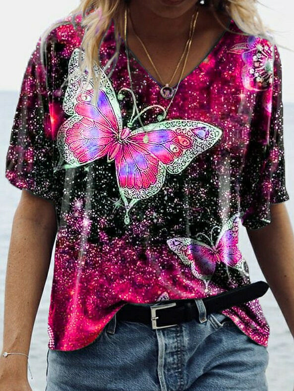 T-Shirt mit Schmetterlingsprint und mittellangen Ärmeln