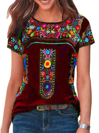 T-Shirt mit kurzen Ärmeln und Rundhalsausschnitt mit Boho-Print