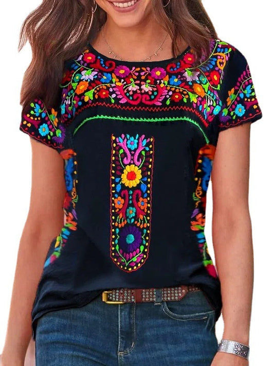 T-Shirt mit kurzen Ärmeln und Rundhalsausschnitt mit Boho-Print