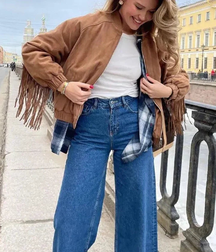 Braune Wildlederjacke für Damen mit Fransen