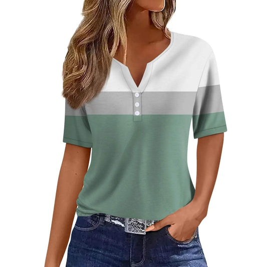 Damen-T-Shirt - Gestreift - Weiches Material - V-Ausschnitt - Ideal für den täglichen Gebrauch - Knöpfe