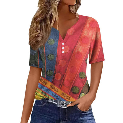 Damen-T-Shirt - Gestreift - Weiches Material - V-Ausschnitt - Ideal für den täglichen Gebrauch - Knöpfe