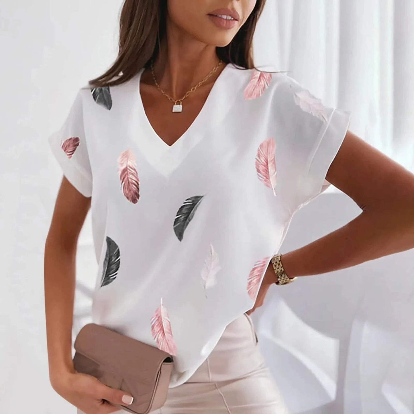 Sommer-T-Shirt mit V-Ausschnitt für Frauen