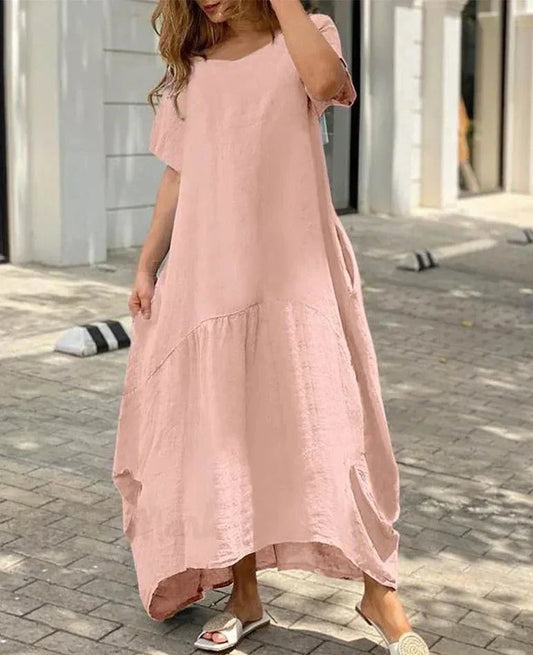 Damen-Maxikleid mit weitem V-Ausschnitt und kurzen Ärmeln