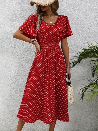 Kleid mit durchgehendem Aufdruck und abgerundeter Taille, lässiges Kleid mit kurzen Ärmeln