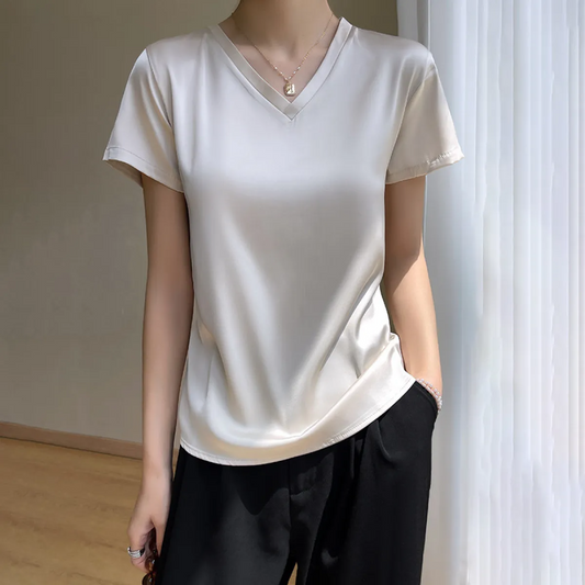Bluse mit V-Ausschnitt - Kurze Ärmel und glatter Satin-Look