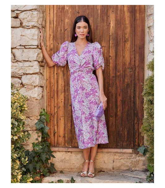 Midi-Kleid mit Puffärmeln und elegantem Blumendruck