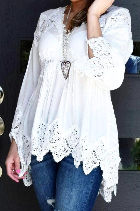 Azura - Sexy Vintage-Patchwork-Shirt mit Lochmuster aus Spitze für Frauen
