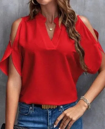 Damen Top - Elegant - Offene Schultern, V-Ausschnitt, leichter Stoff - Perfekt für Sommerausflüge
