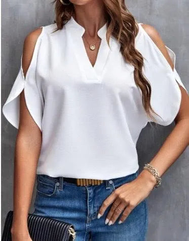 Damen Top - Elegant - Offene Schultern, V-Ausschnitt, leichter Stoff - Perfekt für Sommerausflüge