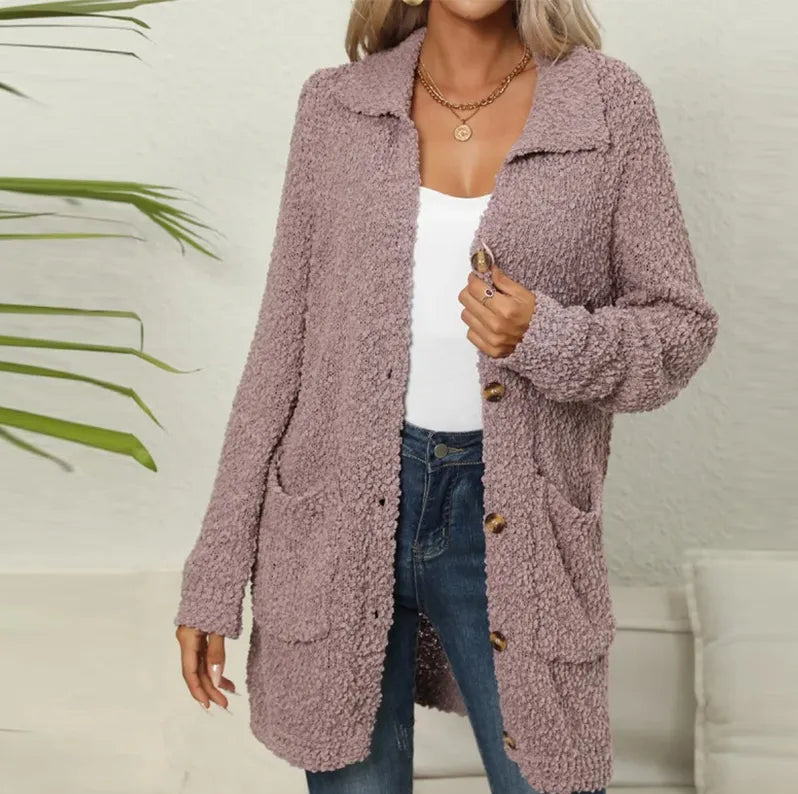 Kourtney - Lange Strickweste mit Taschen aus weichem Plüsch für Frauen