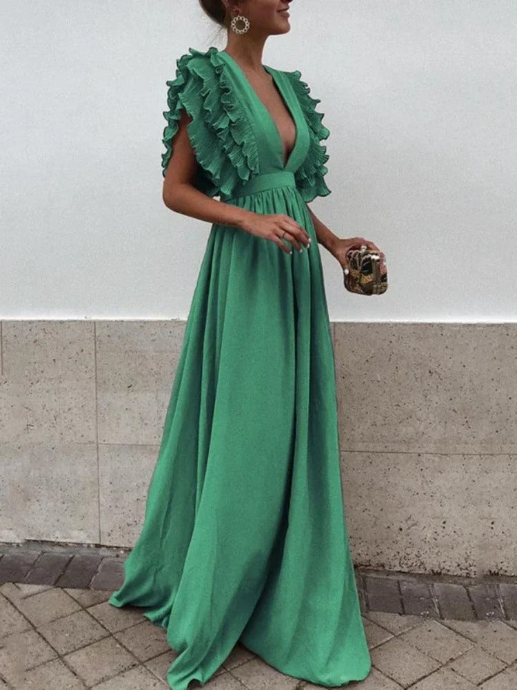 Helena - Elegantes Kleid mit V-Ausschnitt und gerüschten Ärmeln